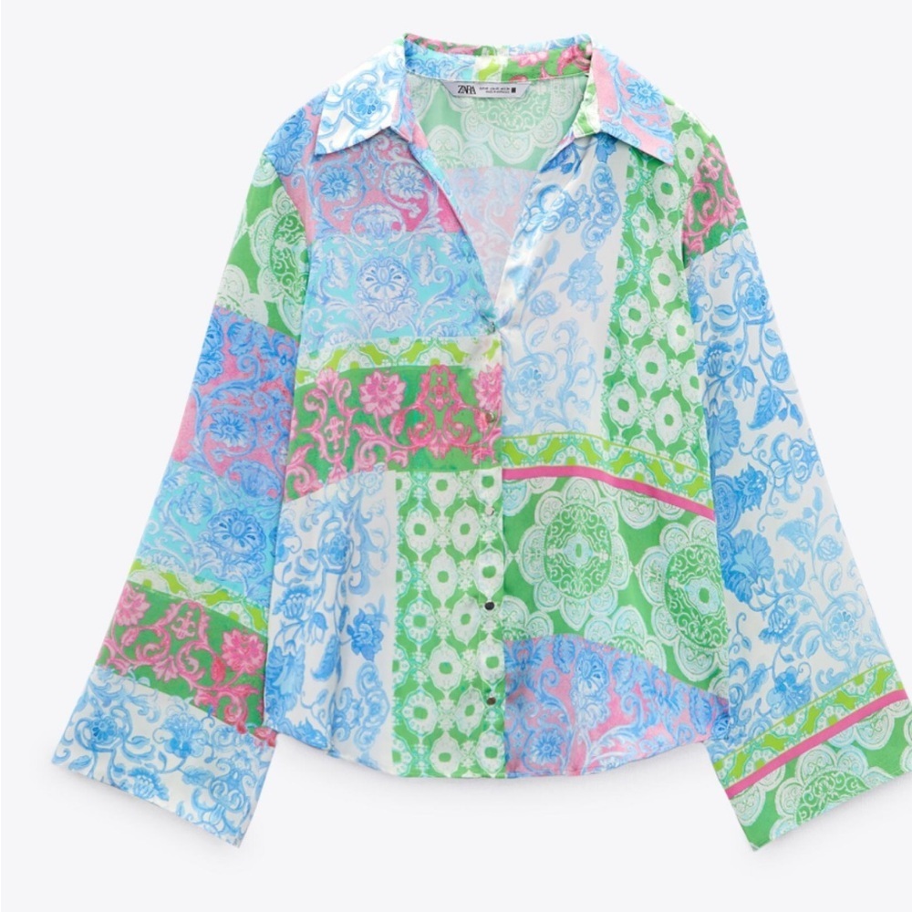 Zara medium satin multi patchwork shirt. - image 2